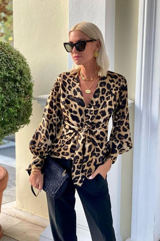 Leopard Print V-Neck Tie Long Sleeve Blouse