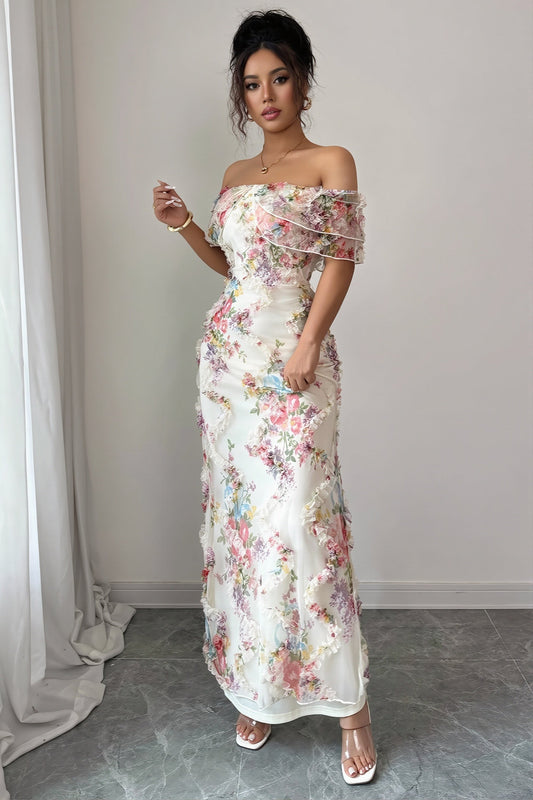 Ruffle Mesh Floral Mermaid Maxi Dress