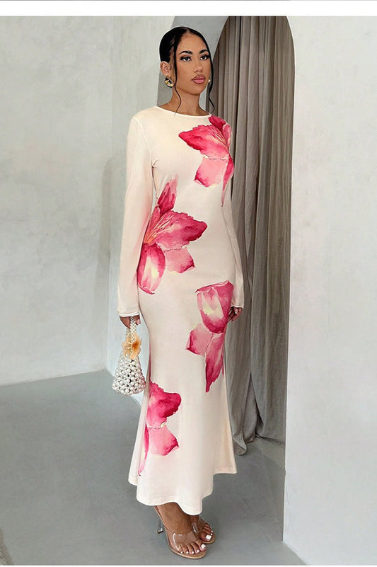 Chic Floral Print Bodycon Long Sleeve Maxi Dress