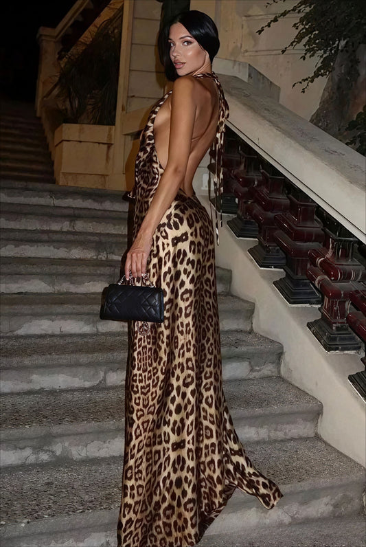 Halter Deep V Backless Leopard Print Tie Maxi Dress