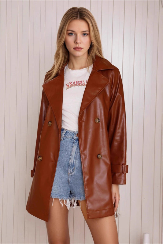 Fashion PU Leather Long Jacket