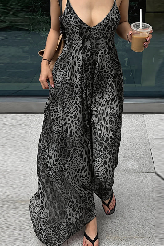 Leopard Print V Neck Backless Cami Vacation Maxi Dress