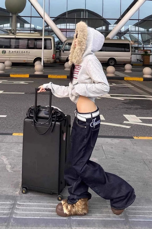 Y2K Flag Print Fur Paneled Casual Hoodie