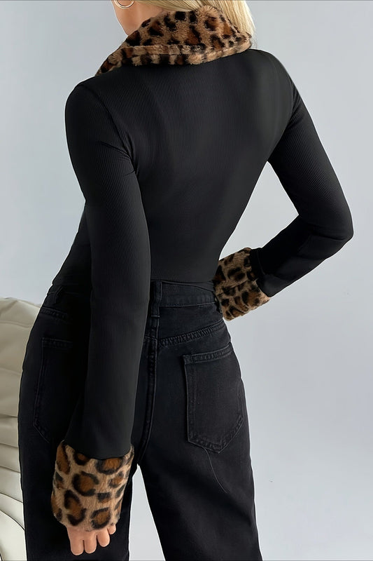 Fur Collar Leopard Print Double Zipper Knit Coat