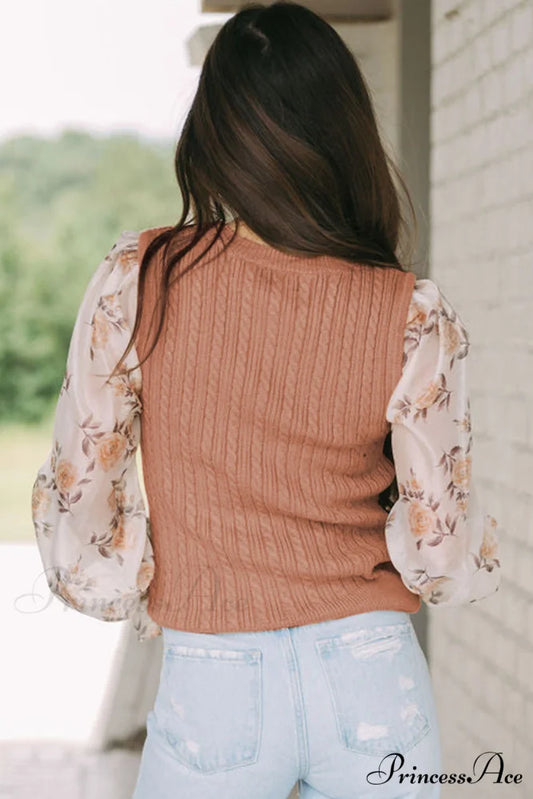 Cable Fleece Cuff Knit Flowered Ruffled Patchwork Golden Sweater