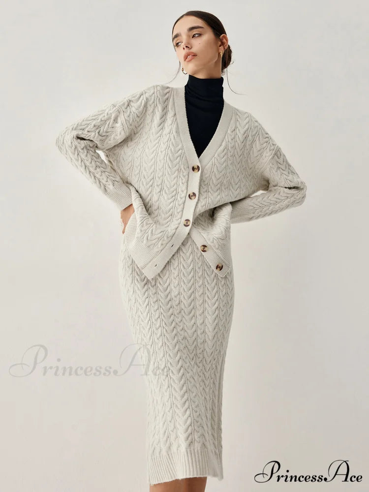 Cable Knit Cardigan Trendy With Matching Midi Skirt Beige / S
