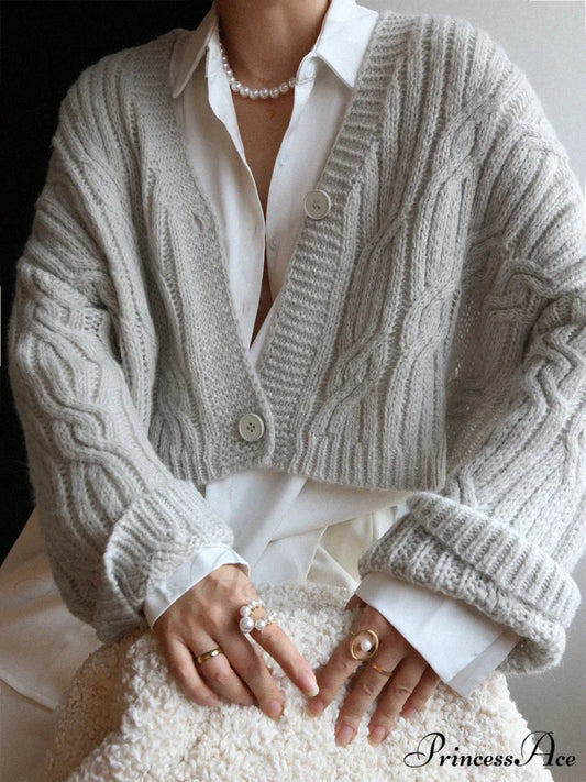 Cable Knit Graceful Crop Cardigan Light Grey / S
