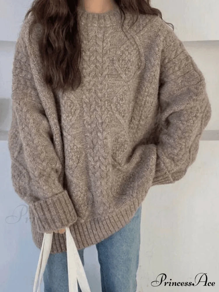 Cable Knit Graceful Cropped Sweater Khaki / ONE SIZE