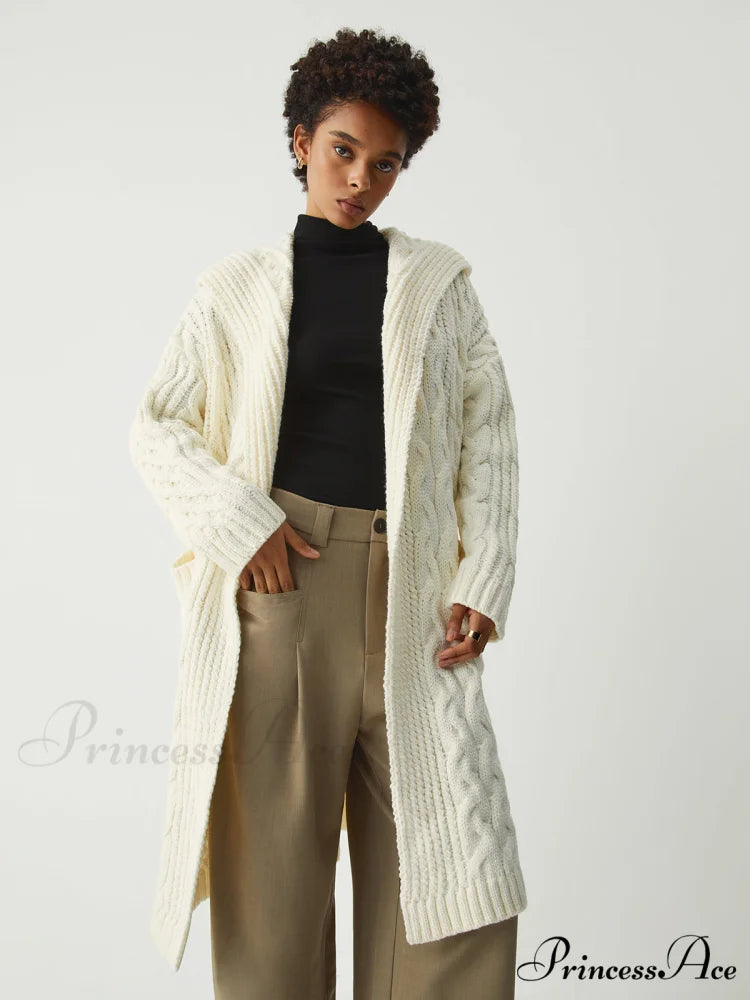 Cable Knit Graceful Hooded Longline Cardigan Off-White / S