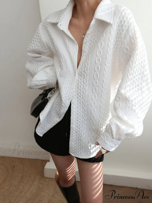 Cable Knit Graceful Oversized Shirt White / XS