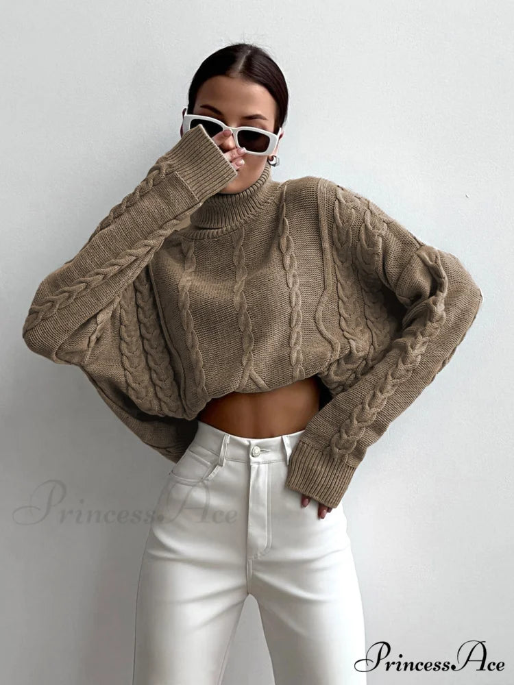 Cable Knit Graceful Turtleneck Oversized Sweater Khaki / XS