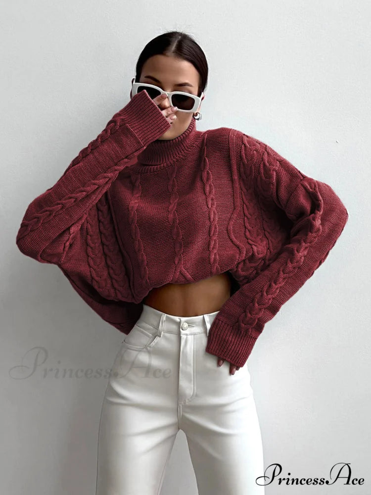Cable Knit Graceful Turtleneck Oversized Sweater Red / XS
