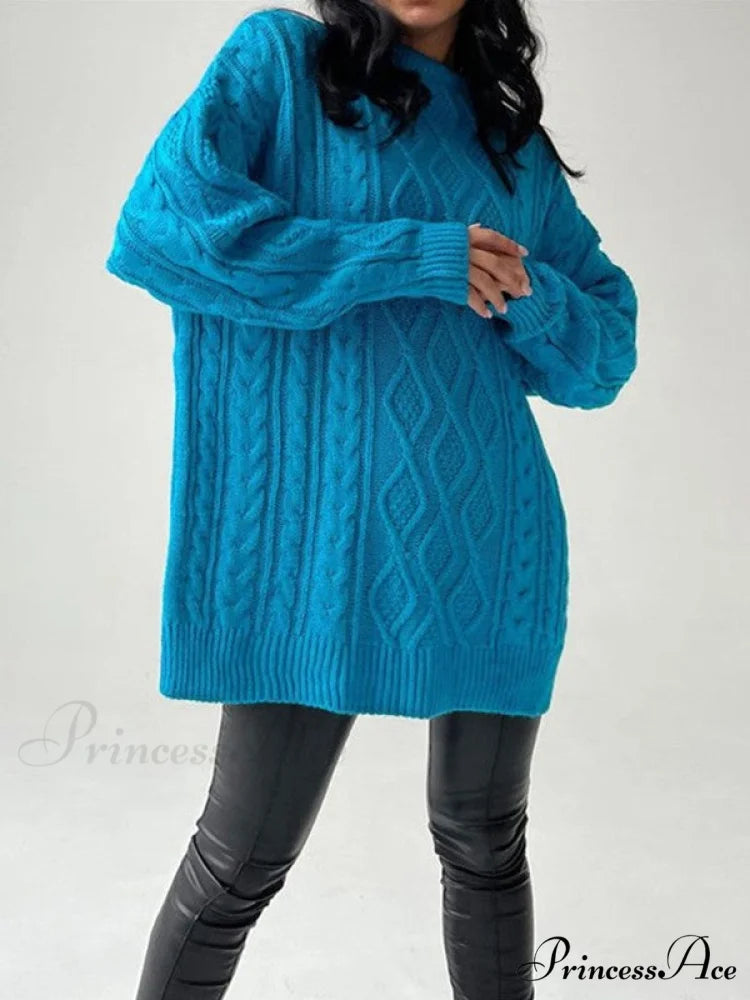 Cable Knit Leg Trendy Warmers With Flare Blue / S