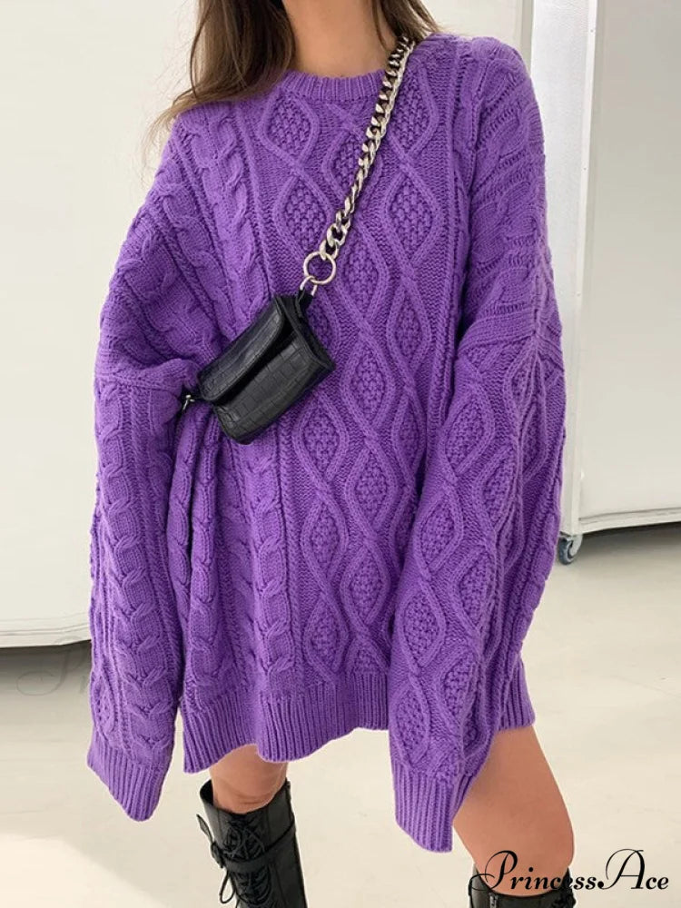 Cable Knit Leg Trendy Warmers With Flare Purple / S