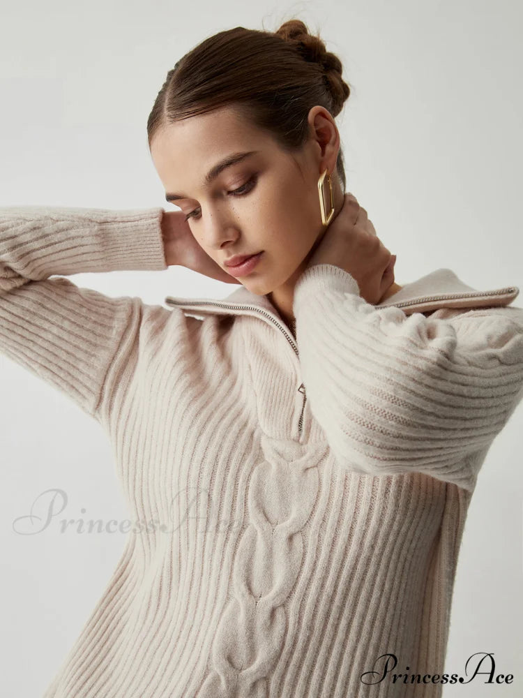 Cable Knit Open Trendy Collar Half Zip Sweater