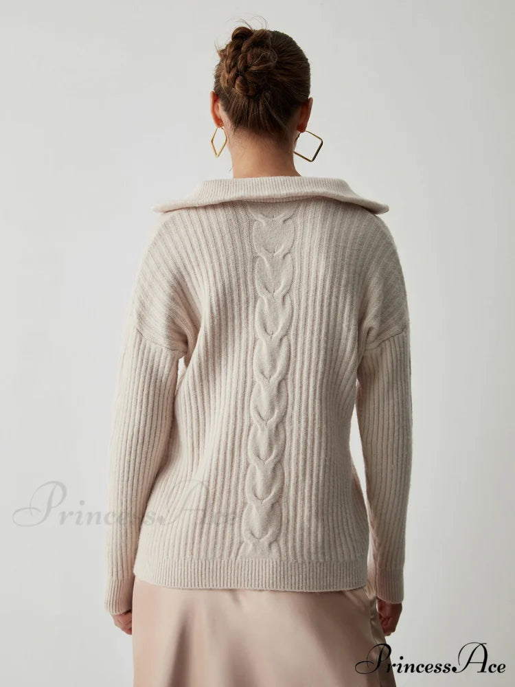 Cable Knit Open Trendy Collar Half Zip Sweater