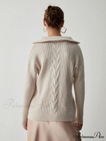 Cable Knit Open Trendy Collar Half Zip Sweater