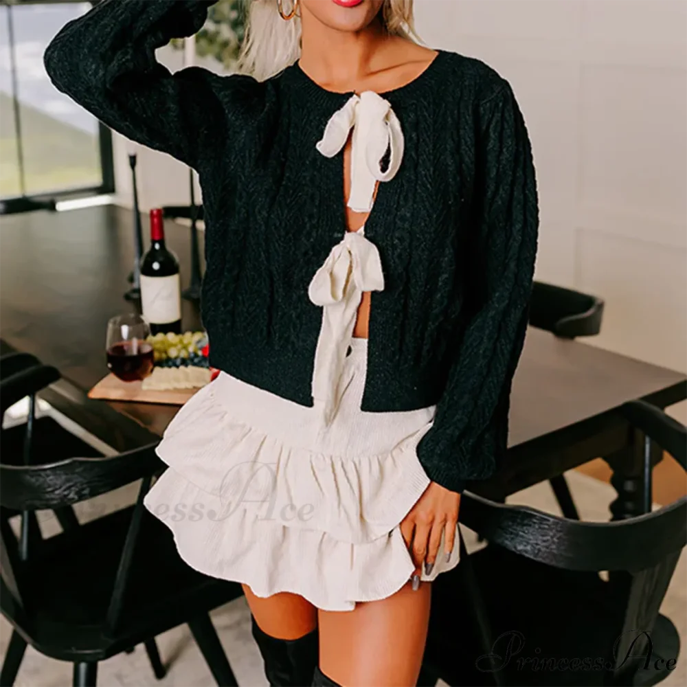 Cable Knit Split Front Bow Cardigan black / S