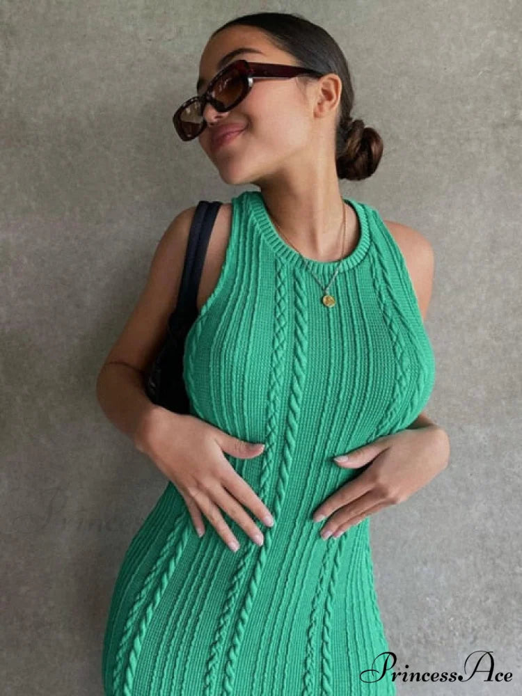 Cable Knit Stylish Tank Maxi Dress Green / M