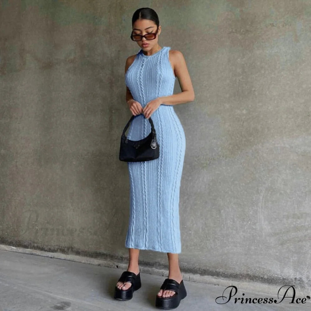 Cable Knit Stylish Tank Maxi Dress Sky Blue / M