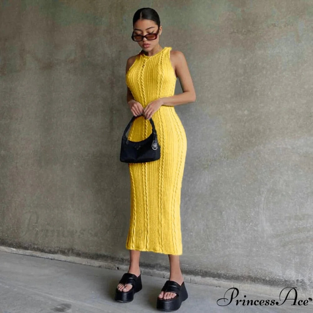 Cable Knit Stylish Tank Maxi Dress Yellow / M