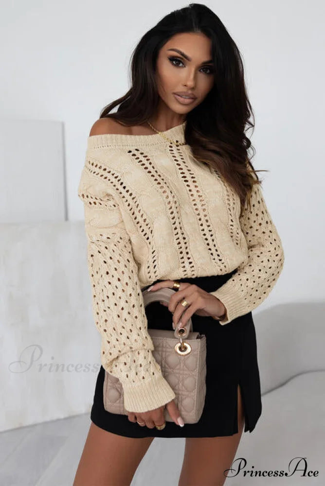 Cable-Knit Top Knit Round Neck Openwork Full - Size Beige / S