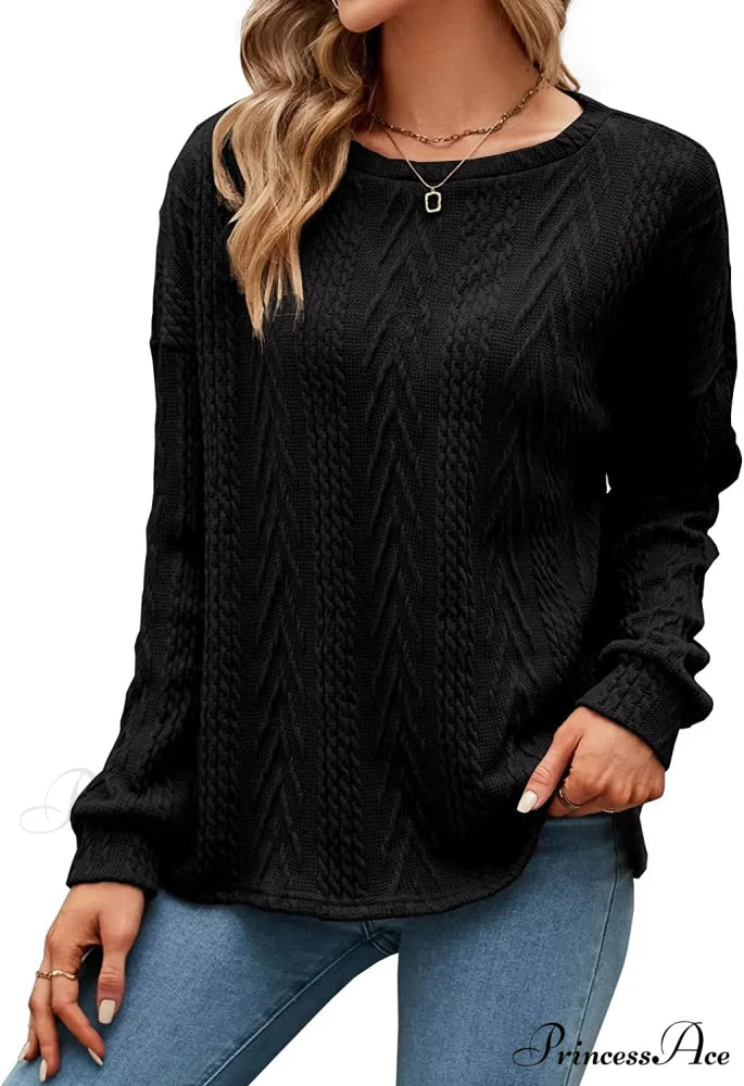 Cable Knit Tunic Sweater Crewneck Long Sleeve Sweater Black / Medium
