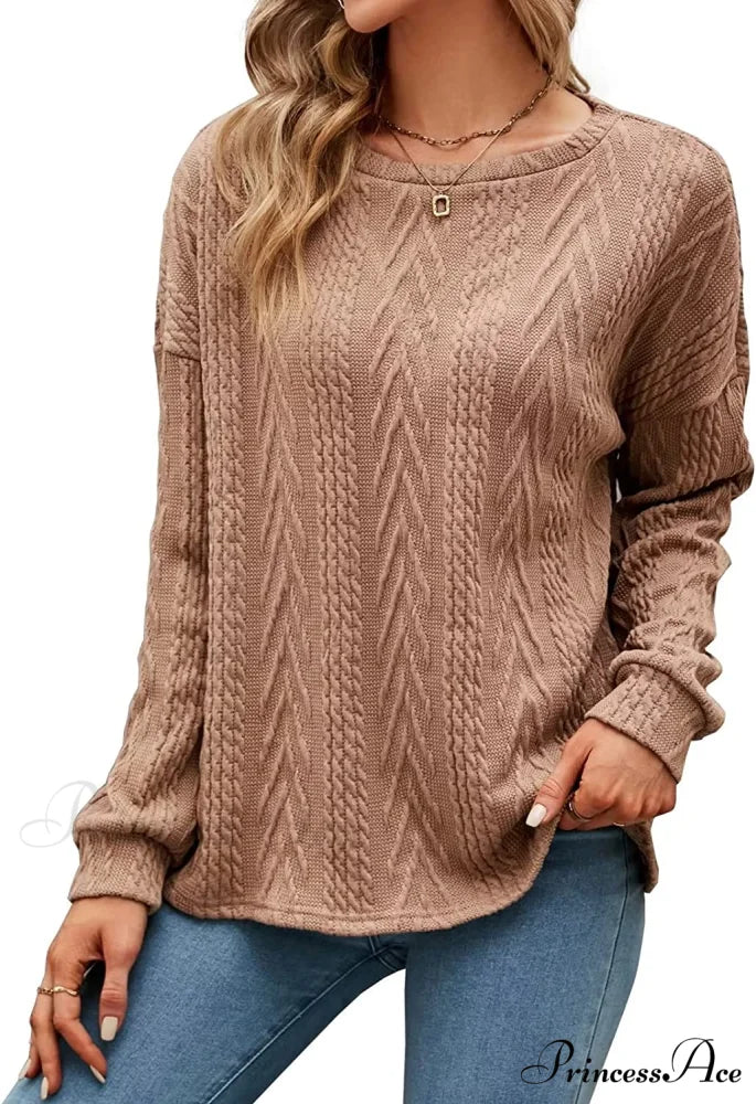 Cable Knit Tunic Sweater Crewneck Long Sleeve Sweater Brown / Medium