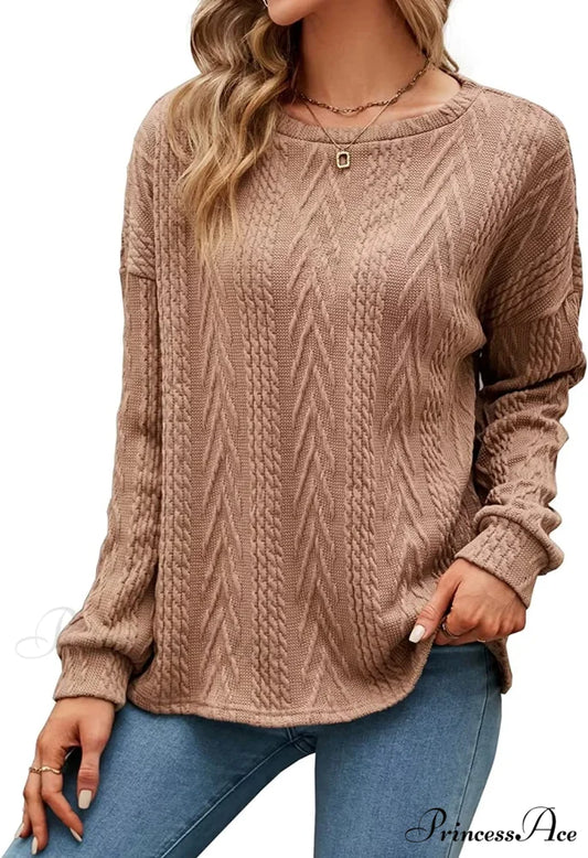 Cable Knit Tunic Sweater Crewneck Long Sleeve Sweater Brown / Medium