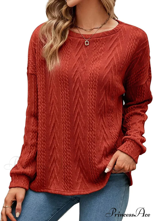 Cable Knit Tunic Sweater Crewneck Long Sleeve Sweater Burnt Orange / Medium