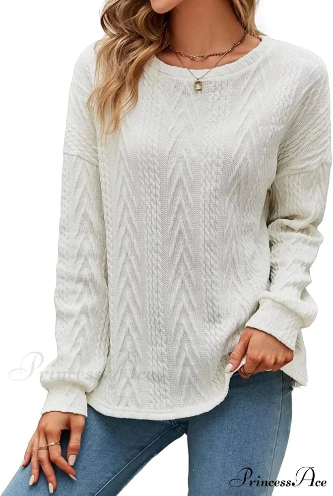 Cable Knit Tunic Sweater Crewneck Long Sleeve Sweater White / Medium