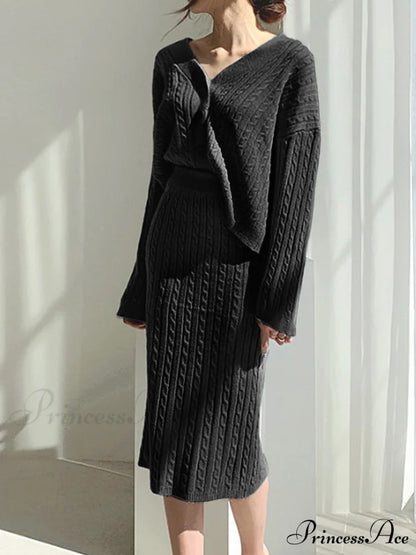 Cable Knit Two Trendy Piece Sweater Skirt Set