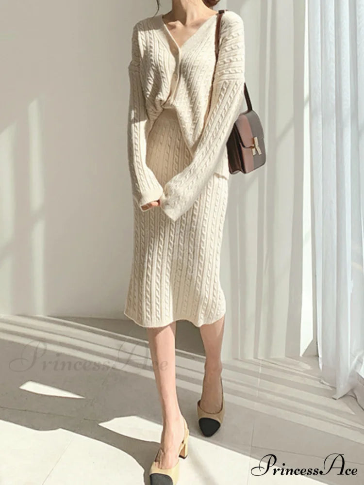 Cable Knit Two Trendy Piece Sweater Skirt Set