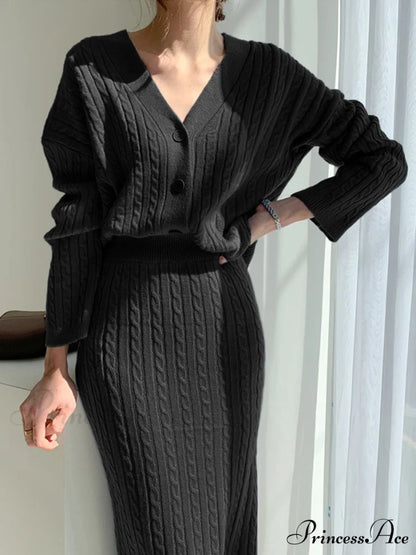 Cable Knit Two Trendy Piece Sweater Skirt Set Black / XS