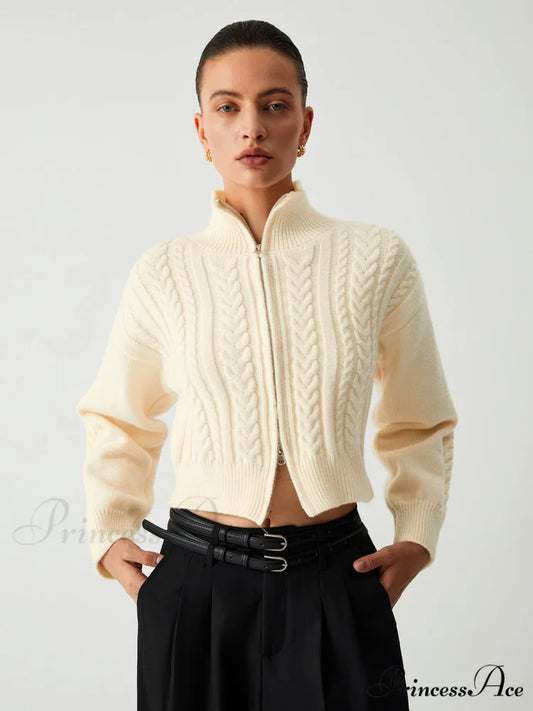 Cable Knit Two Trendy Way Zip Crop Cardigan Apricot / S