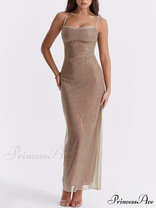 Cafe Au Lait Charming Beaded Maxi Dress Brown / S