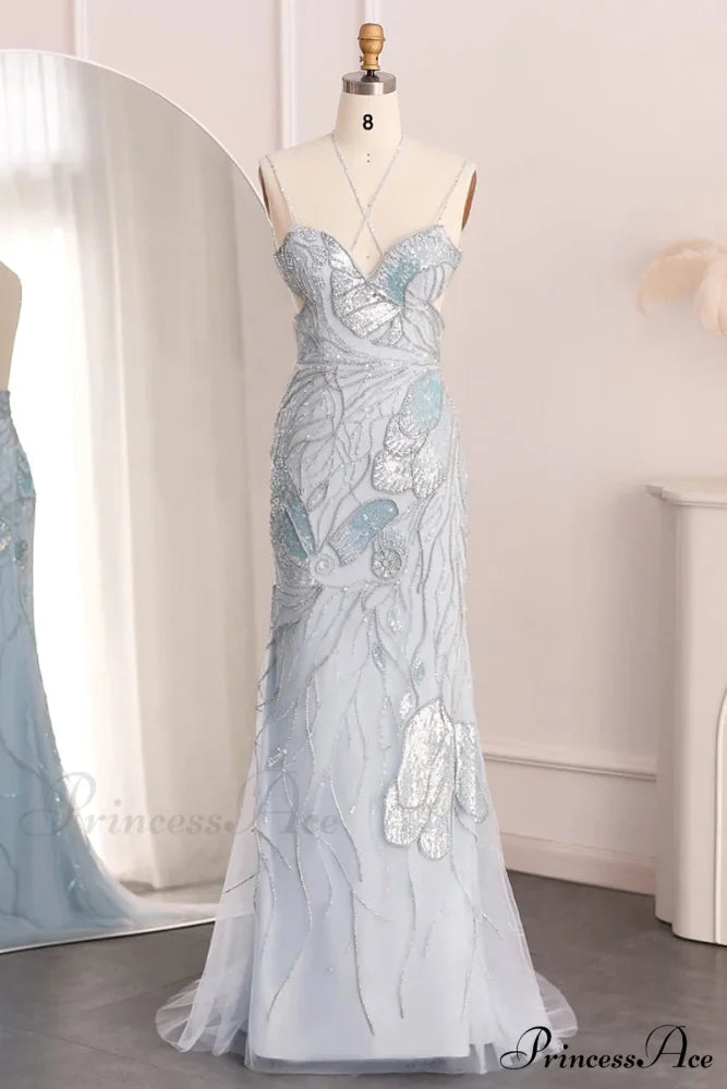 Calista Beaded Graceful Backless Maxi Dress Light Blue / 2