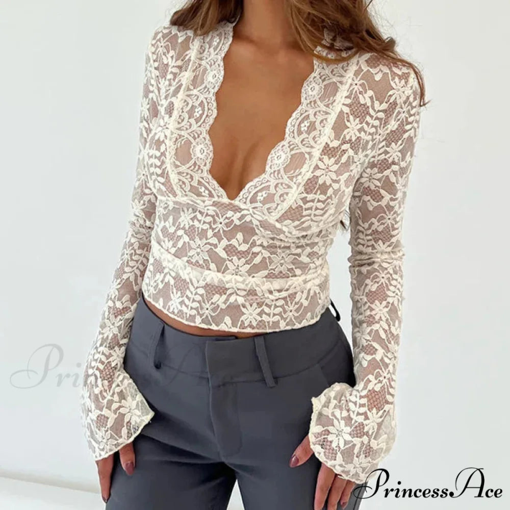 CALLIE Elegant LACE BLOUSE White / S
