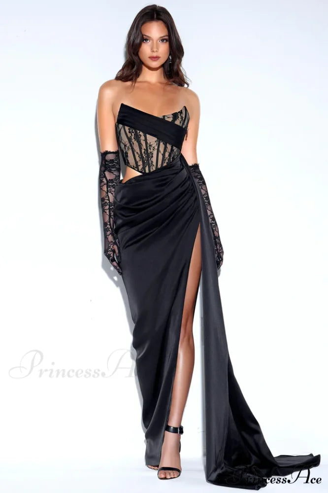 Callie Lace Satin Charming Corset High Slit Gown