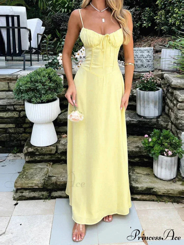 Cami Tie Up Charming Solid Maxi Dress Yellow / M
