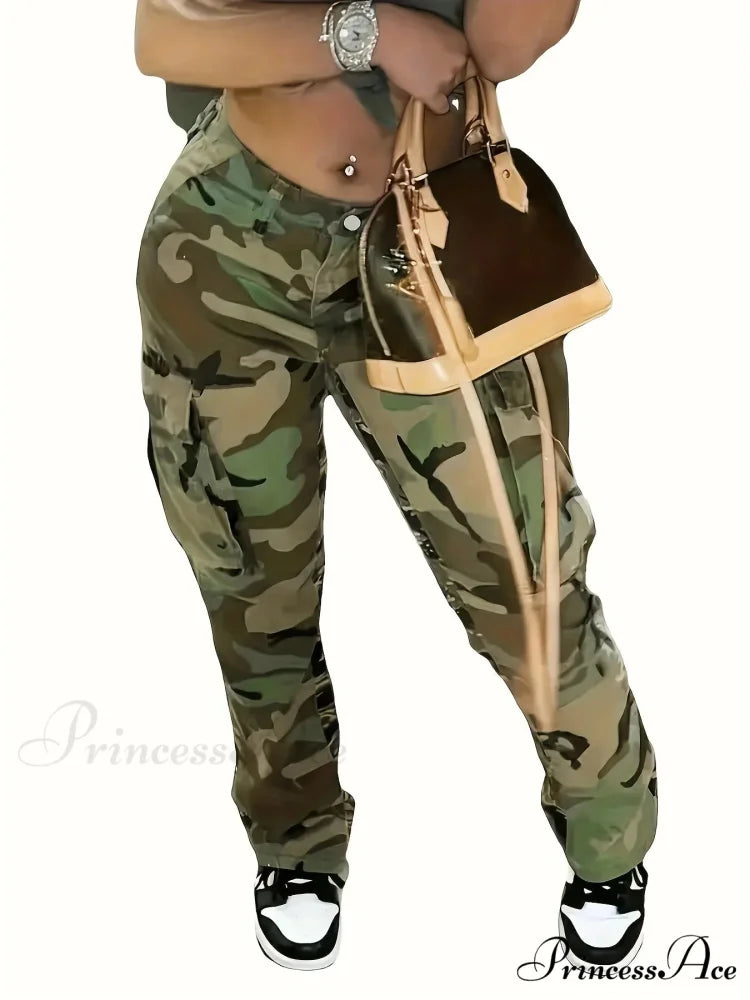 Camo Print Side Flap Pocket Cargo Loose Fit Stretchy Y2K Kpop Denim Women’s Denim & Clothing Jean