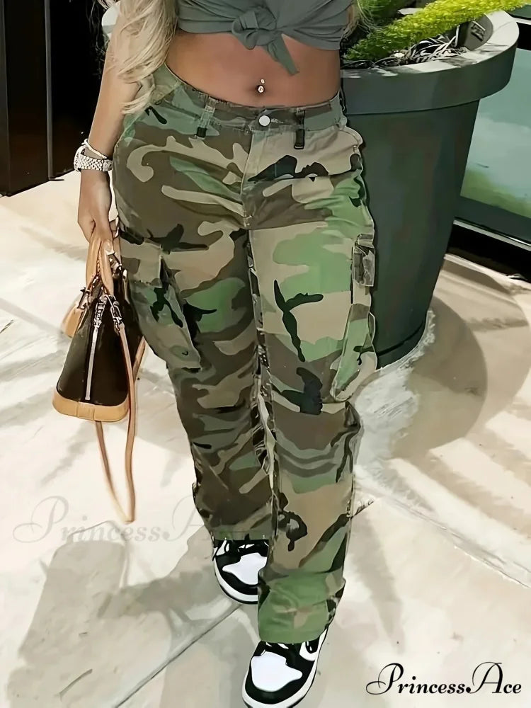 Camo Print Side Flap Pocket Cargo Loose Fit Stretchy Y2K Kpop Denim Women’s Denim & Clothing Jean