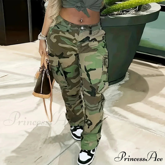 Camo Print Side Flap Pocket Cargo Loose Fit Stretchy Y2K Kpop Denim Women’s Denim & Clothing Jean army green / XS