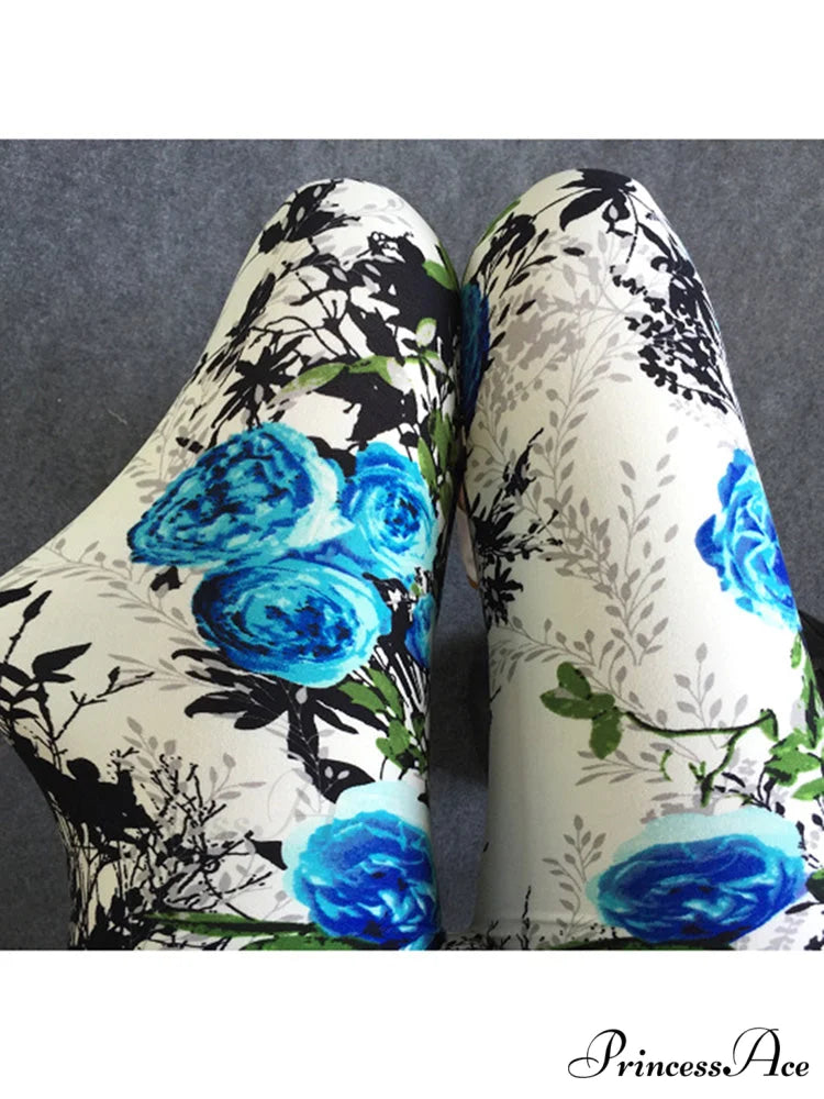 Camouflage Leggings Fitness Capris Pants Blue Tea Flowers / S