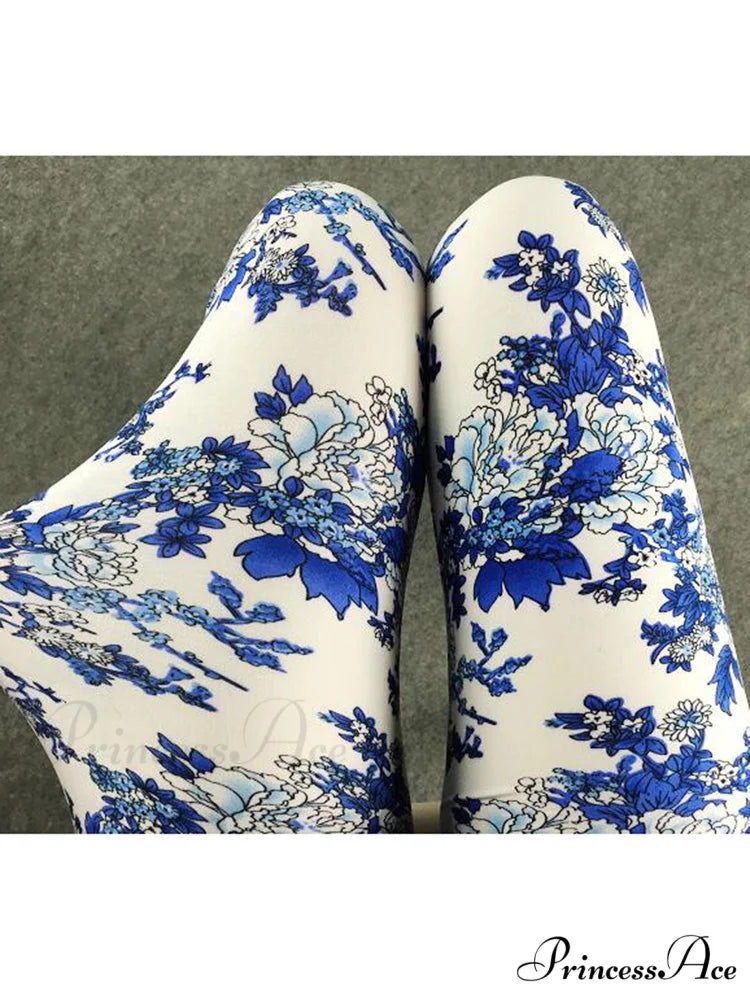 Camouflage Leggings Fitness Capris Pants Blue White Peony / S