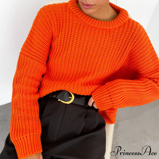 Candy Color Crewneck Pullover Modern Sweater - Light Blue M / Orange