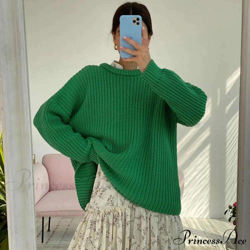 Candy Color Crewneck Trendy Pullover Sweater - Beige M / Green