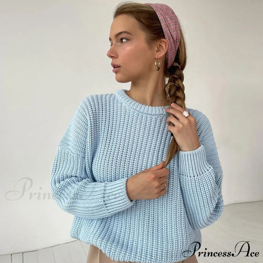 Candy Color Crewneck Trendy Pullover Sweater - Green L / Light Blue