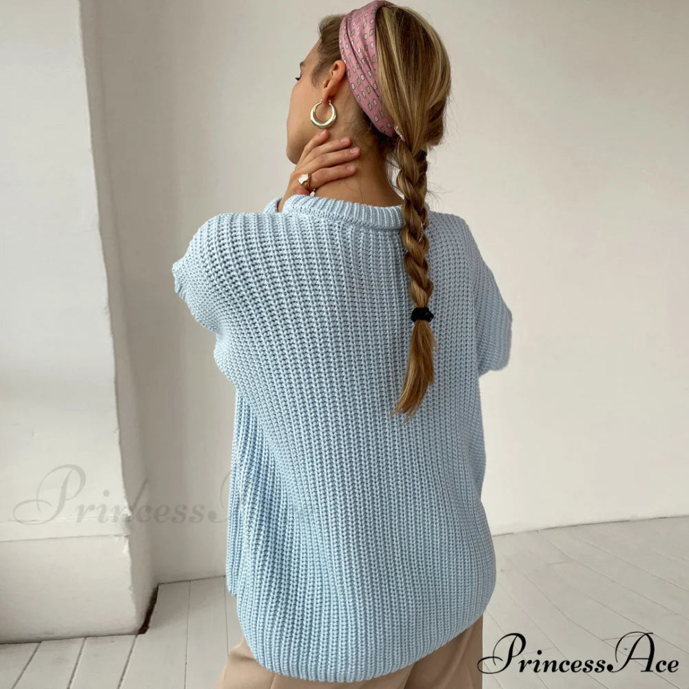 Candy Color Crewneck Trendy Pullover Sweater - Green M / Light Blue