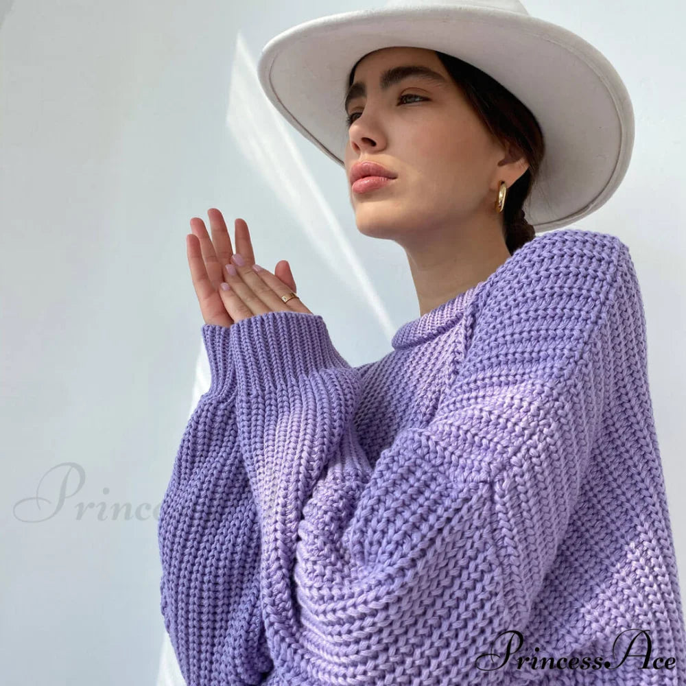 Candy Color Crewneck Trendy Pullover Sweater - Orange L / Purple